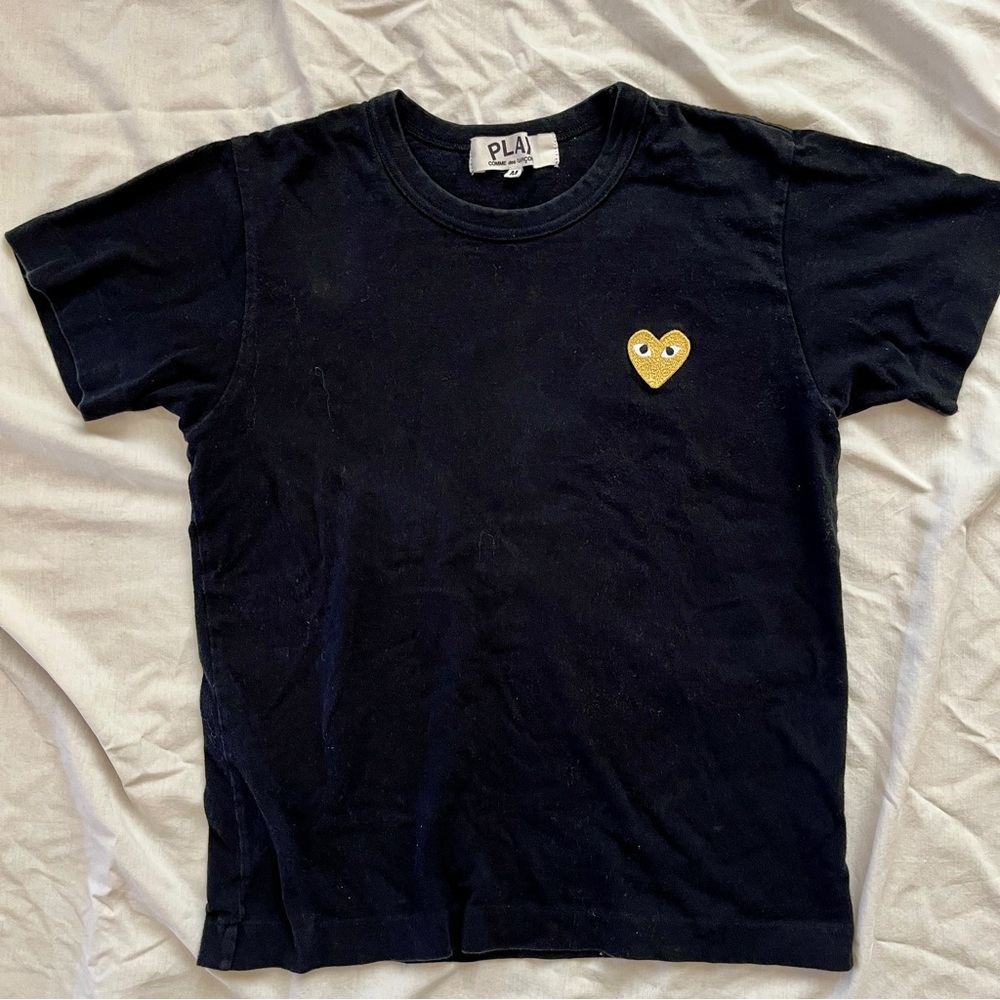 Comme des Garcons Black Tee with Gold Embroidered Patch Women’s Size Medium